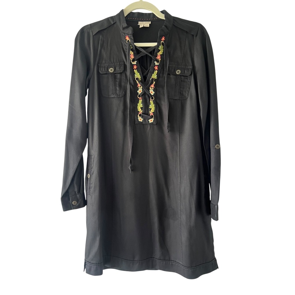 Holding Horses Anthropologie Black Embroidered‎ Lace Up Lyocell Dress Womens 0